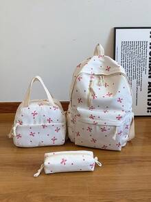 3 Pcs Fashionable Preppy Bow Print Backpack Set,Backpack&Lunch Bag&Pencil Case,With Laptop Compartment Bookbag,Adjustable Strap Bookbag Set,Multi Pockets High-Capacity School Bag Set Multifunctional Daypack Set Idea For Girls/Teens/College Students/Graduate/Graduate For Daily Use/Vacation/Travel/Back To School