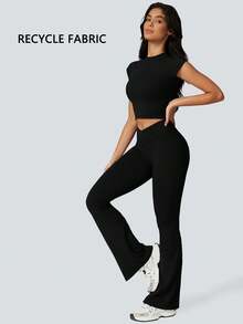 NcmRyu 2Piece Set Women's Solid Crop High Waist Biker Pants Tracksuit Set, Flare Bottoms Legging Streetwear Tracksuit, Sporty Breathable Comfy Outfits For Gym Workout Running, Ladies Sportswear, Minimalistic Outfit - 黑色 - 查看 7