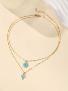 2 Pcs/Set Exquisite Fashion Five-Petal & Cross Pendant Necklace For Women,Cute Charm Summer Clavicle Necklace Sweet Cute Street Accessory Gift For Daily Life - Multicolor - View 4