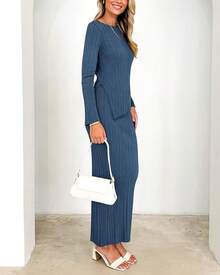 Women 2 Piece Outfits Long Sleeve Asymmetric Slit Hem Tops Midi Bodycon Skirt Sets Lounge Knit Sweater Set