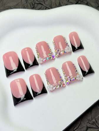 10 pièces/set d'ongles à presser faits à la main, style français rose - noir avec paillettes et fleurs 5D. Pointes d'ongles faux réutilisables à utilisation rapide. Produits de beauté pour les ongles DIY pour la vie quotidienne des femmes et des filles