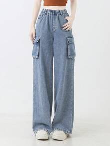 Teen Girl Blue Cargo Pants, Multi-Pocket Casual Loose Long Washed Denim Jeans - Blue - View 2