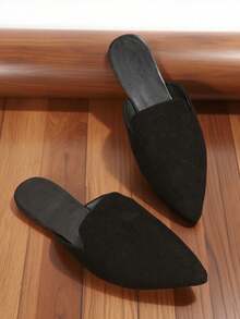 Spring Summer Autumn Fashion Pointed Toe Black Knit Slip-On Women's Flat Slippers, Breathable And Comfortable, Convenient For Travel, Suitable For Daily Lightweight Wear, Summer Slippers - Black Suede - View 5