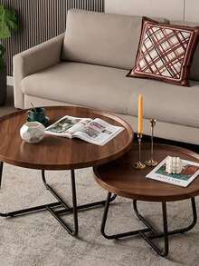 2pcs Set Suitable For Small Spaces Round Coffee Table Set - Modern Multifunctional Lift-Up Footstool With Storage, Minimalist Apartment Living Room Decor, 2pcs Nesting Tables (-Wood)