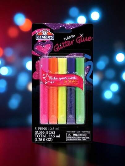 Elmer's Elmers paquete 5 tubos de pegamento neón brillante 3D con purpurina adhesivo manualidades escolar decoración colores vibrantes set creativo