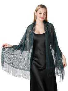 قطعة واحدة، وشاح كلاسيكي للسيدات، لون أحادي، مفرغ، قابل للتنفس ومزين بالشراريب، وشاح أناقة حريري لفستان السهرة الزفاف