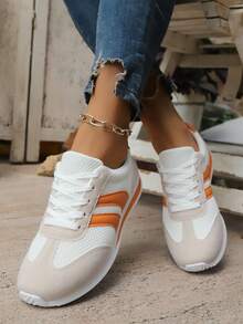 Women'S Fashionable Orange Sneakers With White Laces And Rubber Soles - Casual Low Top Sneakers For All Seasons, Comfortable Walking Shoes|Casual Footwear|Rubber Sole Sneakers - Orange - View 2
