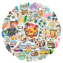 50pcs Outdoor Travel Theme Stickers, Ins Style Fresh, PVC Waterproof Material, Gift Box Decor, Label Stickers, Envelope Seals, Graffiti Stickers, Decor For Guitar, Notebook, Luggage, DIY Crafts, Planner Decoration