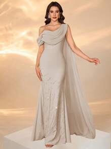 Woman's Plunging Neckline Sleeveless Dress With Long Ribbons, Pleated Bust, Solid Color, Body-Hugging, Exquisite Rhinestone Embellished Elegant Gown (Random Rhinestone Direction) With Back Tie And Mini Fish Tail Hem - Apricot - View 2