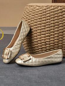 WHDXY 女士方头法式低帮蝴蝶结柔软浪漫风格平底鞋，时尚女士乐福鞋，春季新款百搭休闲平底女鞋 - 金色 - 查看 3