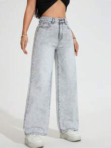 Calça jeans feminina reta e versátil, casual e solta, com bolso - Cinza - Ver 1