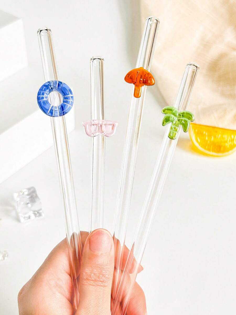 1 件/1 套可重复使用玻璃吸管，带有棕榈树/游泳圈/遮阳伞/太阳镜形状，夏季主题弯曲饮用吸管，适用于冷饮、奶茶、咖啡、果汁、冰沙、厨房、餐厅、鸡尾酒会、返校、送给女朋友/男朋友、父母、朋友的礼物、节日用品、万圣节、感恩节、圣诞节 - 風格1 - 查看 1