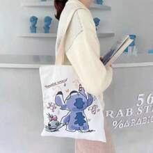 Disney حقيبة كانفاس ذات تصميم الشخصية الكارتونية ستيتش من ديزني ، ذات سعة كبيرة ، حقيبة كتف جميلة للطالبات ، حقيبة يد ، حقيبة تسوق للنساء