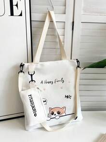 Canvas Tote Bag, Middle/Elementary School Students Schoolbag, Shoulder Messenger Bag, Versatile Large Capacity Backpack - White - View 5