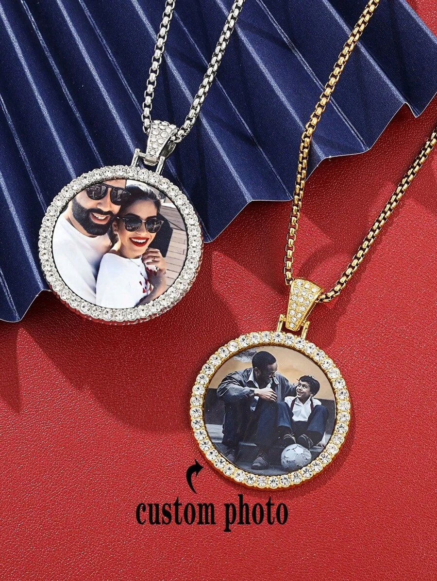Pendentif souvenir photo personnalisé - Style hip-hop, rond incrusté de zircone, collier DIY pour hommes