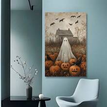 无框幽灵和南瓜万圣节艺术印刷品 - 复古鬼屋墙壁装饰，适合秋季和哥特式美学，适用于厨房浴室客厅复活节圣诞节万圣节生日派对装饰