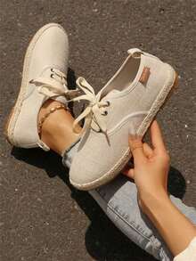 2025 Zapatillas de lona casuales de mujer para otoño, zapatos planos ligeros, cómodos y transpirables, zapatos casuales de moda para ir al trabajo, zapatos de pescador con suela tejida en beige - Blanco - Ver 10
