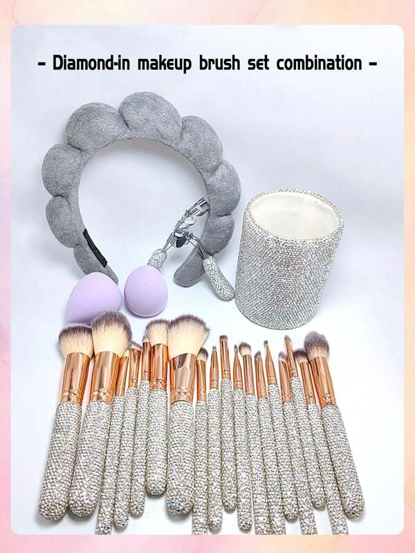 23-Piece Set Of Creative Diamond-Inlaid Crystal Makeup Brush Set Loose Powder Eye Shadow Brush Eyelash Curler And Other Beauty Tools Makeup Brushes Complete Set
