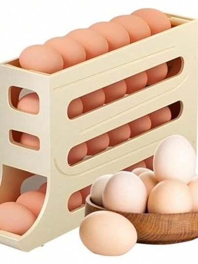 1pc Kitchen Refrigerator Egg Organizer, 4-Layer Sliding Design, Self-Rotating Egg Rack, Side-Door Egg Tray, Non-Contact Material