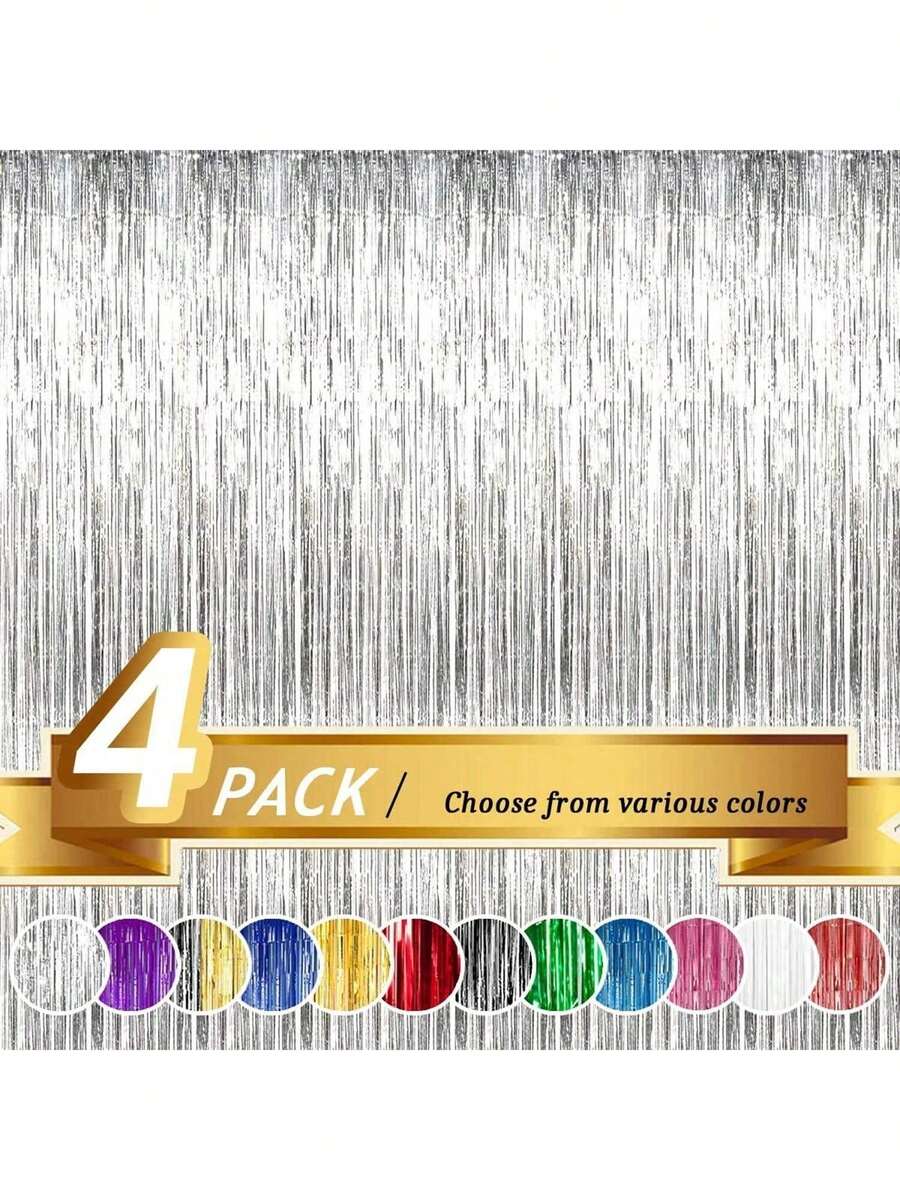 4 包铝箔窗帘背景银色金属丝箔流苏窗帘照片亭道具适用于生日婚礼订婚育儿室装饰婴儿洗礼单身派对圣诞节节日庆祝派对装饰、母亲节毕业季装饰、生日、单身派对、准新郎派对装饰 - 4 包 - 銀色 - 查看 1