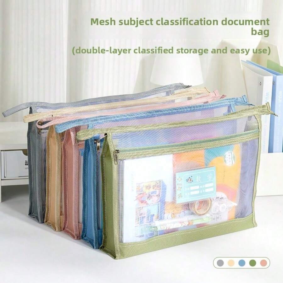Waterproof A4 Mesh File Organizer Bag - Zippered Document Pouch With Label Pocket For Office, School, Travel - màu xanh lá - Xem 1