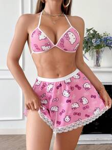 Sanrio 2 Stück Damen Rosa Hello Kitty Süßer Digitaldruck, Süßes Schlaf-Top & Rock, Rosa Pyjama, V-Ausschnitt, Kontrastspitze, Dreiteiler Top & Kurzer Rock, Sexy Dessous Set, perfekt für Ausgehen