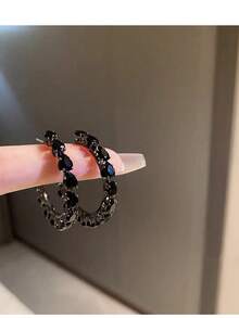 镶嵌黑色锆石耳环，时尚百搭耳环，超闪亮个性耳饰 - 黑色 - 查看 2