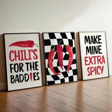 3 stuks, oningelijst, keukenmuurkunst, chilipeperprint, rood-zwarte decoratie, moderne keukendecoratie, foodie cadeau voor hem/haar, esthetische kunst, barwagenkunst, wanddecoratie, canvaskunst voor woonkamer, slaapkamer, kantoor, café, slaapzaal, gang, huis- en kamerdecoratie