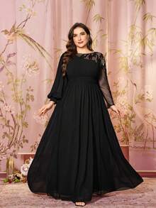 Plus Size Asymmetrical Hem Long Sleeve Sequin Embroidered Patchwork Waist Cinched Slimming Cocktail Party Dress