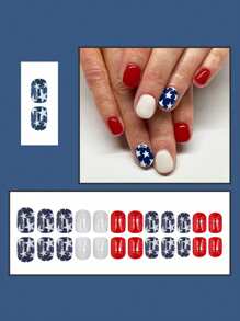 24 faux ongles courts carrés, simples ongles carrés rouges et blancs pour le jour de l'indépendance, ongles bleus et blancs, faux ongles brillants et à la mode, parure détachable et complète pour femmes, convient pour le port quotidien lors de fêtes et de danses