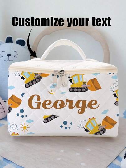 1pc Customizable Name/Text Cartoon Bulldozer Printed Portable Travel Makeup Case, Brush & Accessory Organizer Box, Large Capacity Travel Toiletry Bag, Cute & Fashionable Handheld Cosmetic Case