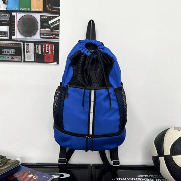 1 pièce Sac à dos à cordon de serrage haute capacité avec poches latérales en filet - Polyester durable, bandoulière réglable, sac de sport et de voyage pliable, convient aux hommes et aux femmes - Idéal pour le basketball, le football, la salle de gym, les déplacements et les courts voyages, sac à dos de voyage
