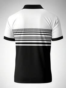 Plus Size Men's Business Casual Striped Horse Print Short Sleeve Polo Shirt - Black and White - View 3