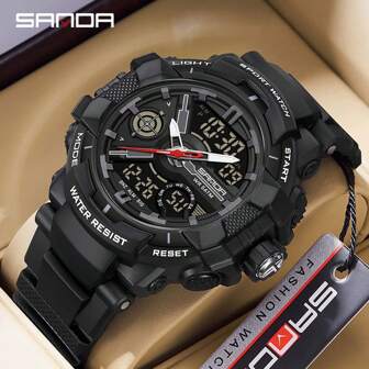 SANDA. SANDA 男士石英表户外军表运动防水计时闹钟腕表时尚 LED 数字电子表男士