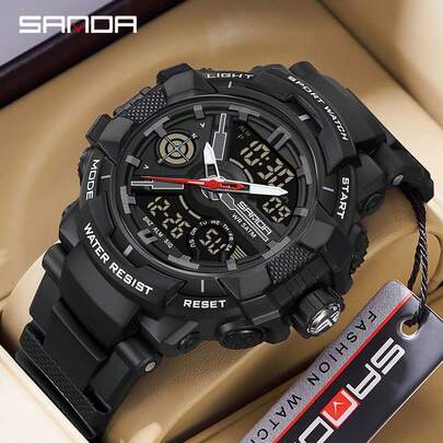 SANDA. SANDA 男士石英表，户外军用运动防水计时闹钟数字 LED 电子腕表