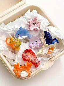 发夹 8 件彩色海洋小动物夹女士夏季海洋配饰贝壳刘海海豚侧夹章鱼螃蟹发夹海星发饰套装礼物发饰优雅爪夹，学校用品，大学