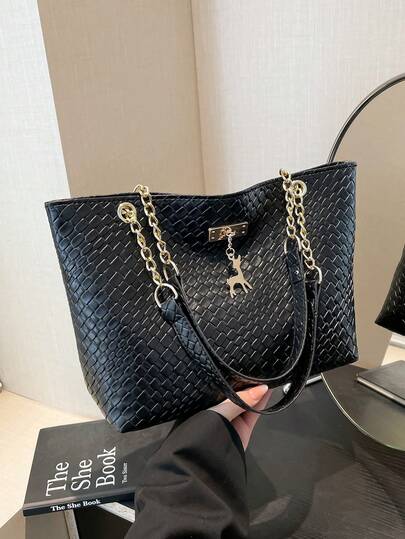 1 件涤纶鹿装饰大容量拉链闭合时尚单肩托特包，适合女性日常使用