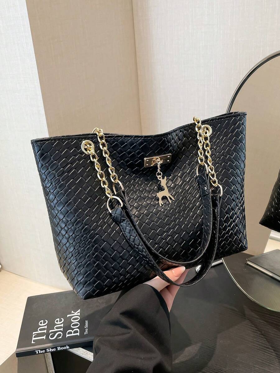 1 件涤纶鹿装饰大容量拉链闭合时尚单肩托特包,适合女性日常使用 - 黑色 - 查看 1