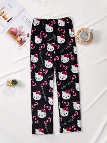Sanrio Women's Hello Kitty Black Flannel All-Over Print Fluffy Pajama Pants, Cute Cartoon Print Soft Skin-Friendly Sleepwear Bottoms, Versatile & Comfortable For All Occasions, Ideal Warm Gift For Couples, Best Friends, Birthdays, Holidays, Fall Winter, Cozy - Multicolor - View 2
