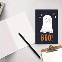 1 张万圣节贺卡，带信封，有趣的鬼魂“嘘！”设计，纸质材料，适合任何人，复古主题十月讨糖卡