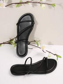 Sandal đế bằng nhiều quai, màu trơn, mũi vuông, chất liệu da PU, dành cho nữ, thời trang và đa năng cho mùa hè, phù hợp cho dạo phố, hẹn hò, du lịch, ở nhà, đi làm, dự tiệc, đi biển. - màu đen - Xem 5