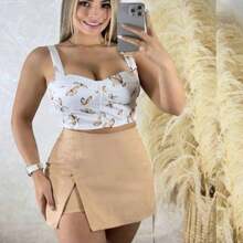 Falda short con abertura blusa crop top camiseta tirantes set de 2 piezas copa semiformada  Colorblock  Floral  mariposas   Fiesta  Elegante - Beis - Ver 2