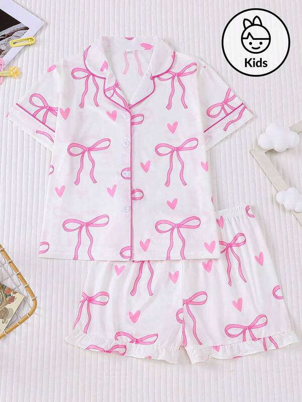 2pcs/Set Girls Cute Bow & Heart Print Short Sleeve Pajama Set, Lightweight Summer New Open Cardigan Sleepwear, Pink Butterfly Print Outfit For Toddler & Big Kids Daily Wear