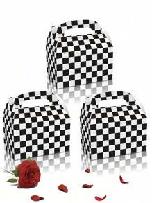 12pcs-Black & White Plaid Gift Box, Race-Themed Party Snack Box, Party Favors Treat Boxes, DIY Favors Bag, Gable Boxes Snack Boxes With Handles, For Birthday Party Decor,Halloween, Christmas Decorations