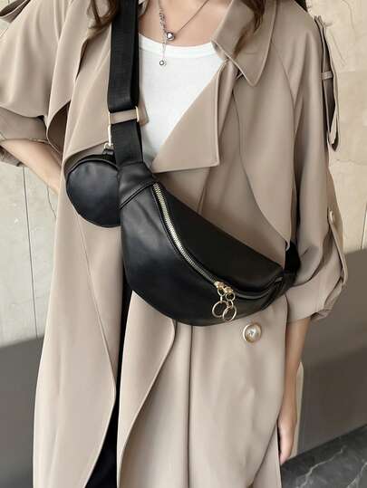 1 件女士纯色 PU 皮革时尚休闲多功能单肩包/腰包，便携，适合通勤、运动、四季