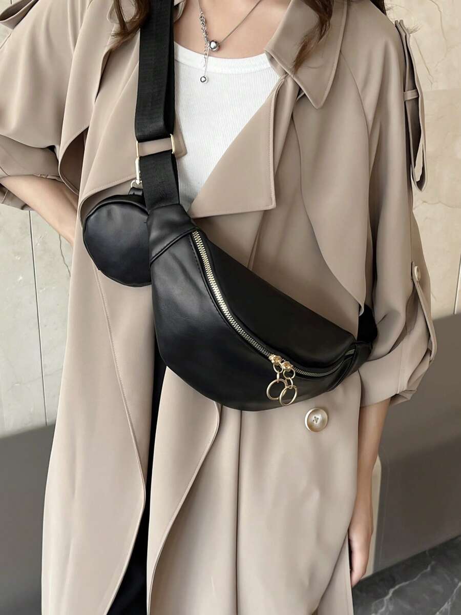 1 件女士纯色 PU 皮革时尚休闲多功能单肩包/腰包,便携,适合通勤、运动、四季 - 黑色 - 查看 1