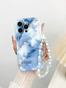 奶油色波浪边亮面蓝色大理石纹彩绘防摔手机壳，配手工串珠手链配件 - 彩色 - 查看 7