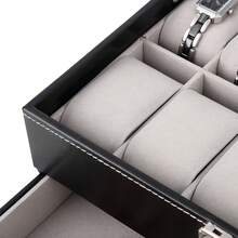 FEILIYA Uten 12 Slot Watch Box With Drawer, Men's Watch Display Case With Glass Cover, Double Layer Jewelry And Watch Storage Box, Unisex, Black