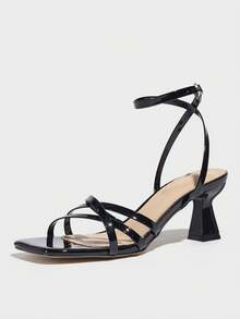 女士高跟凉鞋，多带设计，漆皮纹理，方头，细高跟，优雅性感，适合婚礼、派对、舞台表演、户外旅行、休闲约会，黑色浅口鞋