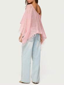 Women's Off-Shoulder Lightweight Crocheted Lace Mesh Tassel Cover-Up – Effortlessly Chic With Breathable Mesh  Flowing Tassels For Beach, Street, Or Casual Outings - 粉色 - 查看 5